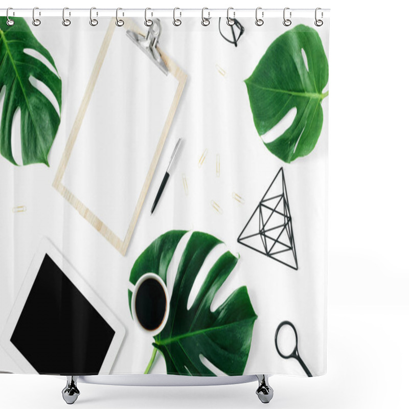 Personality  Modern Office Table Desk Feminine Workspace With Tablet, Accessories And Monstera Leaves Flat Lay, Top View Shower Curtains