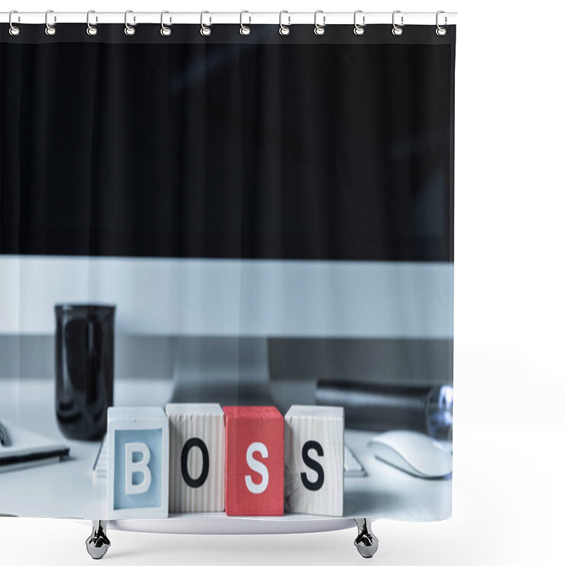 Personality  Wooden Cubes With Word Boss On Working Table Shower Curtains