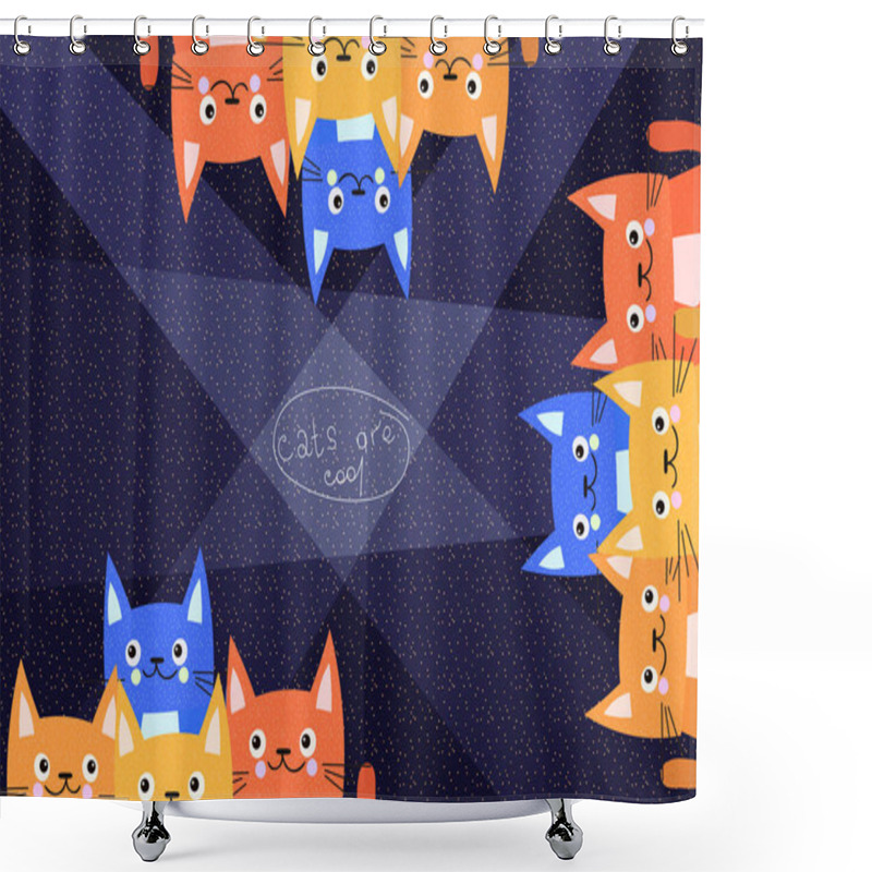 Personality  Colorful Cats In The Spotlight On A Dark Background. Cute Kittens Banner. The Concept Of The Exhibition Of Pets, Contests, Festivals. Template For Invitations, Web Design, Posters... Creative Vector Shower Curtains