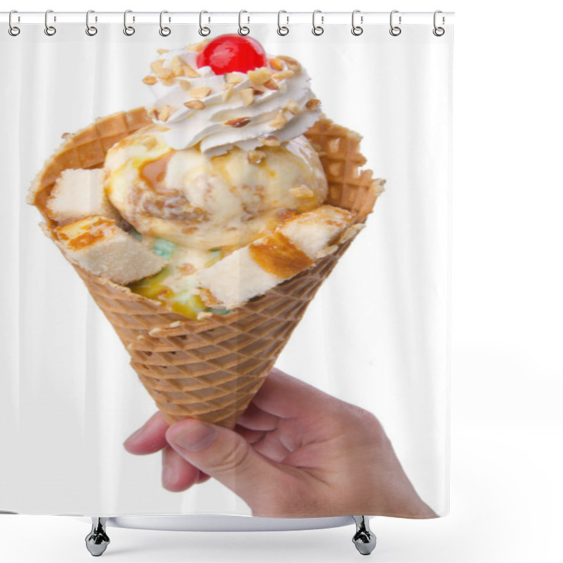 Personality  Scoop Ice Creams With Cone On Background And Topping Shower Curtains