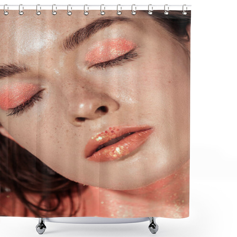 Personality  Close Up Of Beautiful Girl With Coral Glitter Makeup And Eyes Closed Shower Curtains