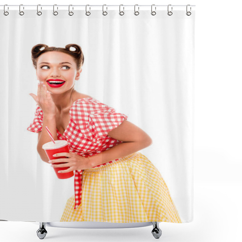 Personality  Young Smiling Pin Up Girl Holding Red Paper Cup With Straw Isolated On White Shower Curtains