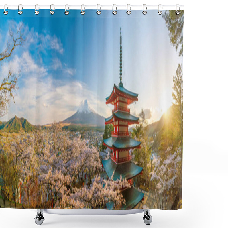 Personality  Mountain Fuji And Chureito Red Pagoda With Cherry Blossom Sakura At Sunset Shower Curtains