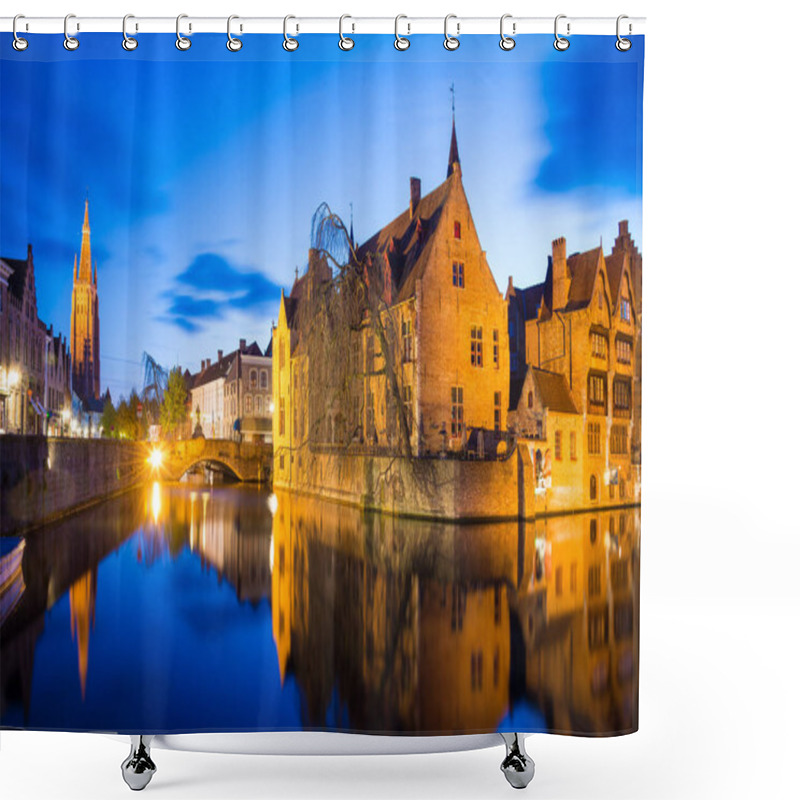 Personality  Bruges, Belgium - April 17, 2017: Dock Of The Rosary - Rozenhoedkaai And Belfry At Twilight. A Scene From A Medieval Fairytale In Bruges, Belgium Shower Curtains