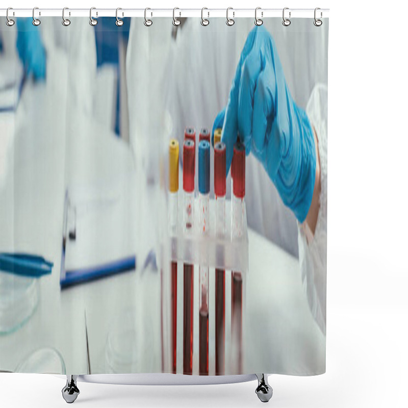 Personality  Cropped View Of Biochemist Taking Test Tube With Blood Sample, Panoramic Shot Shower Curtains