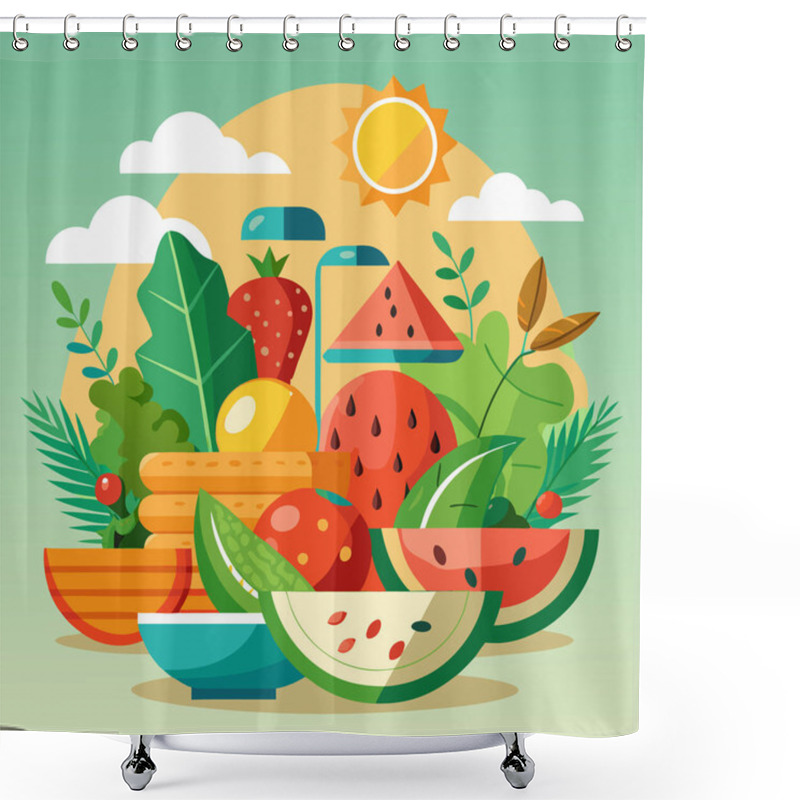 Personality  Summer Fresh Vector Art With Tropical Fruits And Beach Scene Shower Curtains