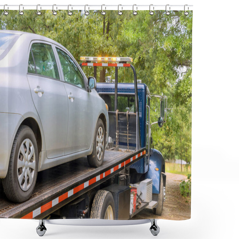 Personality  Silver Sedan Is Being Loaded Onto Tow Truck In Wooded Area During Truck Stands Ready For Transport Shower Curtains