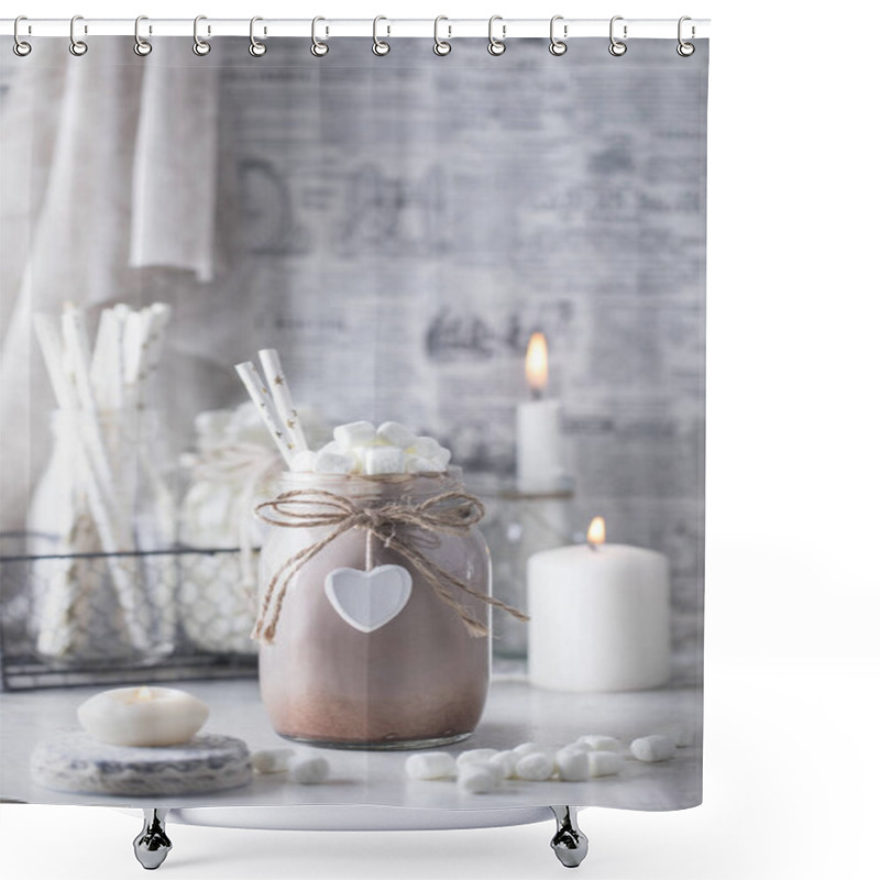 Personality  Cocoa With Marshmallows In Glass Jar   Shower Curtains