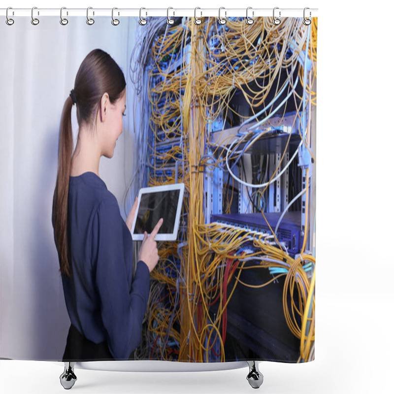 Personality  Beautiful Young Engineer With Tablet Computer In Server Room Shower Curtains