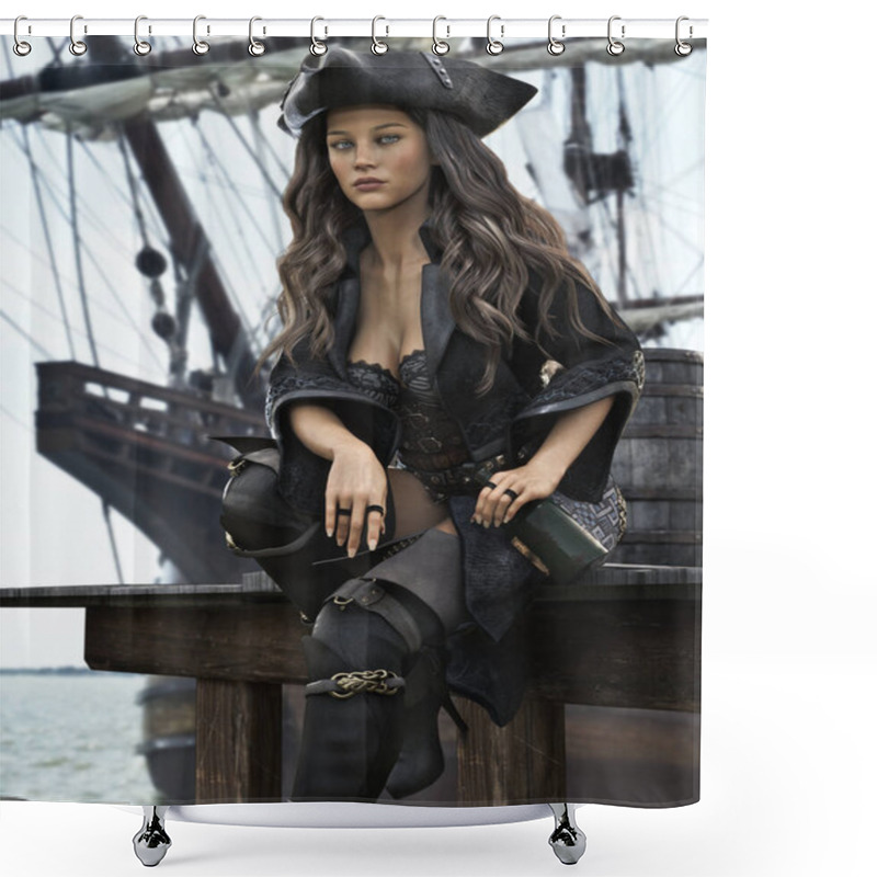 Personality  Portrait Of A Pirate Female Resting After A Long Journey With A Bottle Of Ale On The Side Of A Dock With Her Ship In The Background. 3d Rendering Shower Curtains