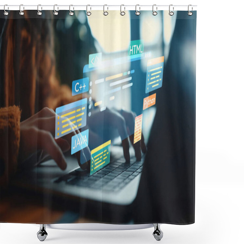 Personality  Software Developer Or Programmer Work With Coding Digital Overlays Of Various Programming Languages Like HTML, Python, Java, And C EIDE For New Application Mobile Phone Development Shower Curtains