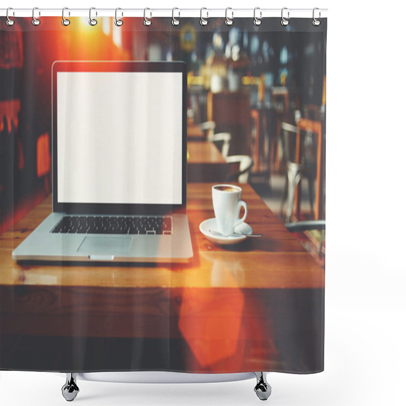 Personality  Open Net-book And Cup Of Cappuccino Lying On Table In Cafe Bar Interior Shower Curtains