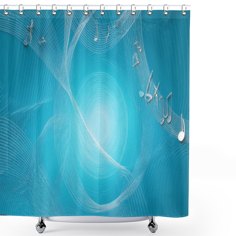 Personality  A Calming Blue Abstract Background Features Swirling Patterns And Floating Music Notes. The Design Evokes A Sense Of Harmony And Creativity, Perfect For Projects Related To Music, Art, Or Relaxation. This Vibrant Yet Soothing Visual Can Enhance Any P Shower Curtains