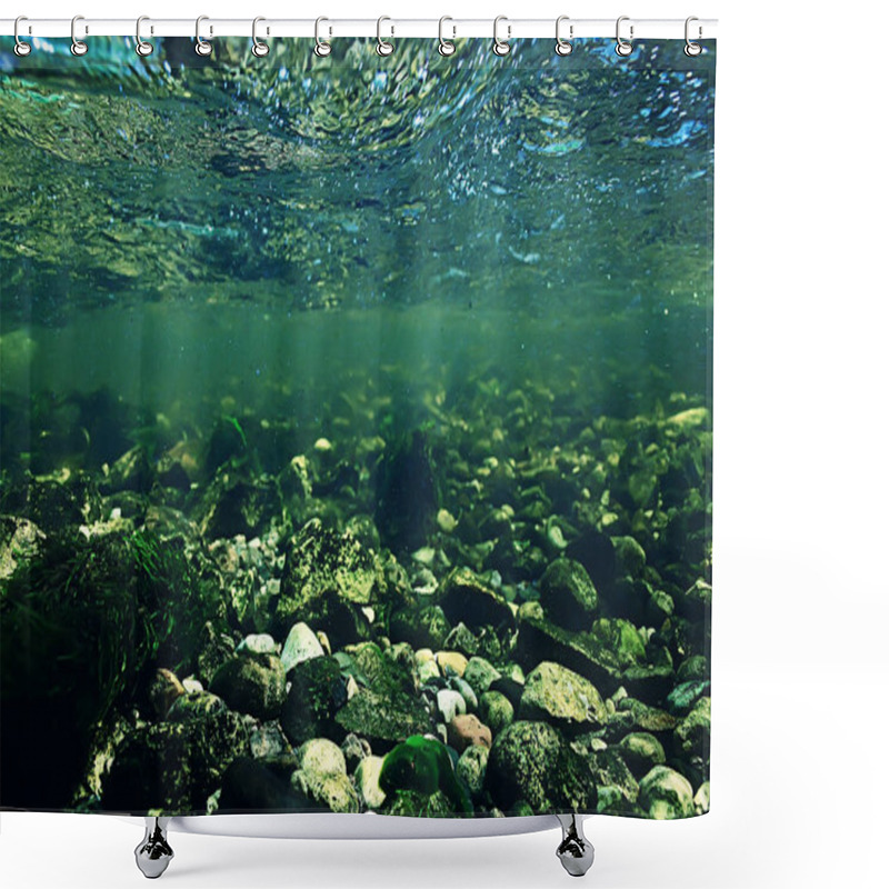 Personality  Underwater Mountain Clear River, Underwater Photo In A Freshwater River, Fast Current, Air Bubbles By Water, Underwater Ecosystem Landscape Shower Curtains