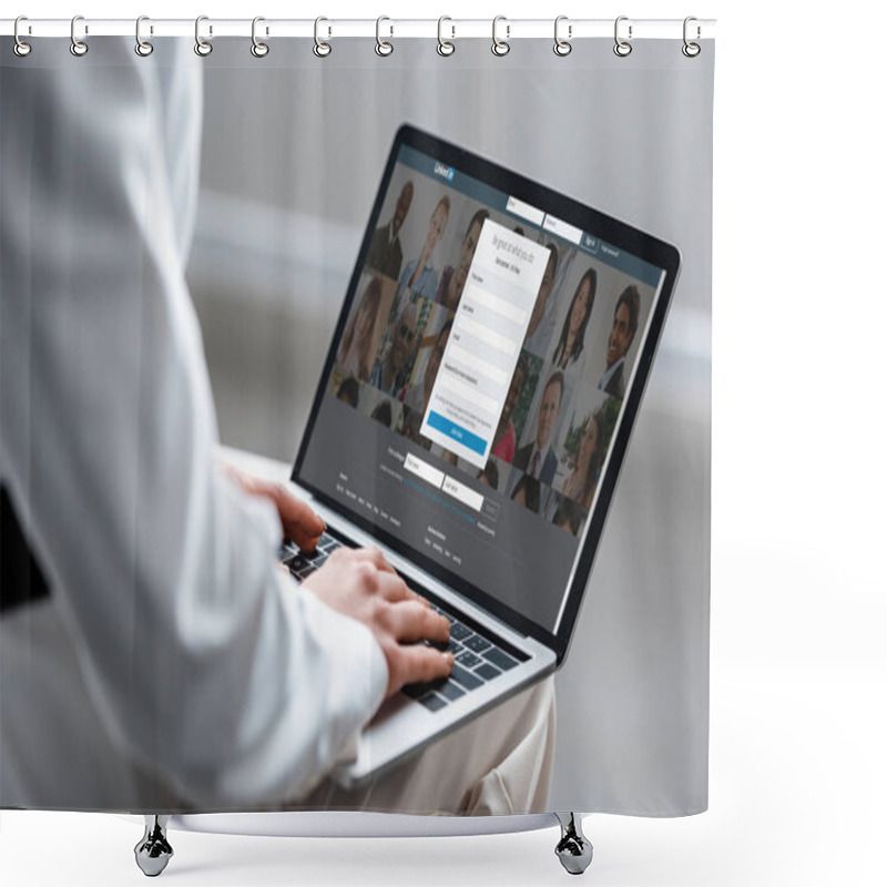 Personality  Cropped View Of Woman Using Laptop With Linkedin Website On Screen Shower Curtains