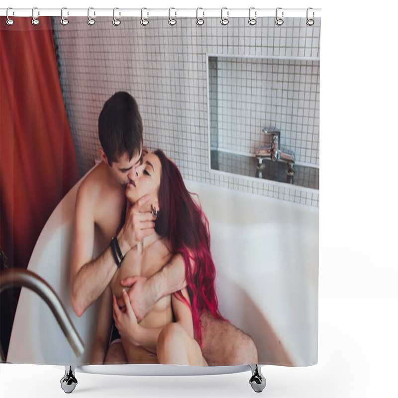 Personality  Man Hugs Woman From Behind Lying In The Bath. Shower Curtains