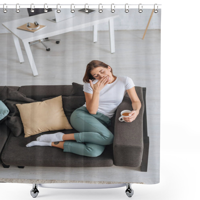 Personality  Overhead View Of Tired Girl Chilling Of Sofa With Cup Of Tea  Shower Curtains