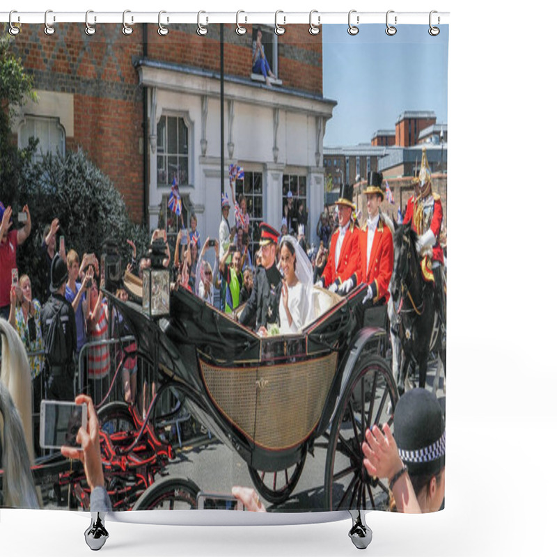 Personality  WINDSOR, ENGLAND - MAY 19 2018: Prince Harry, Duke Of Sussex And Meghan, Duchess Of Sussex Leave Windsor Castle In Ascot Landau Carriage During A Procession After Getting Married At St Georges Chapel Shower Curtains