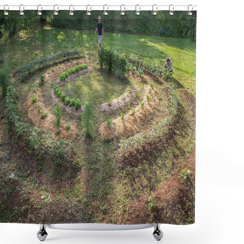 Personality  Young Man With Hat Working In A Home Grown Vegetable Garden Shower Curtains