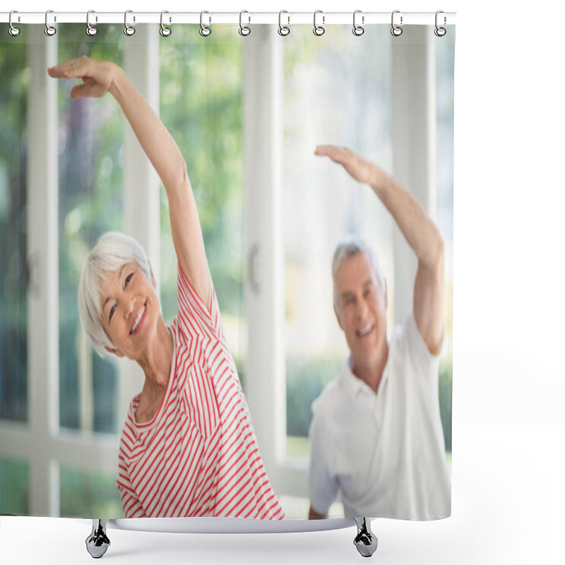 Personality  Senior Couple Performing Stretching Exercise At Home Shower Curtains