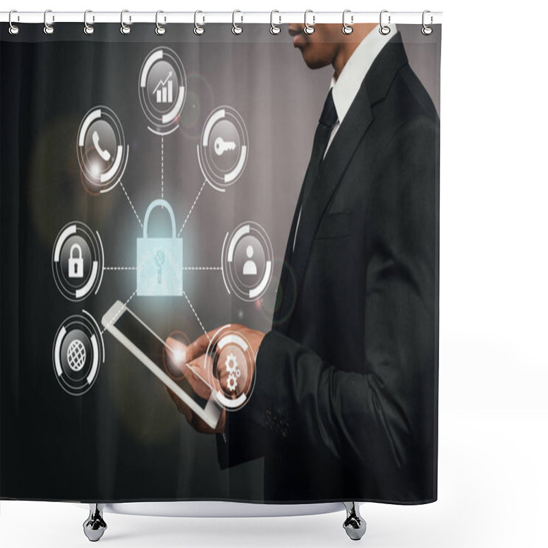 Personality  Partial View Of African American Businessman Using Digital Tablet On Dark Background With Internet Security Illustration Shower Curtains