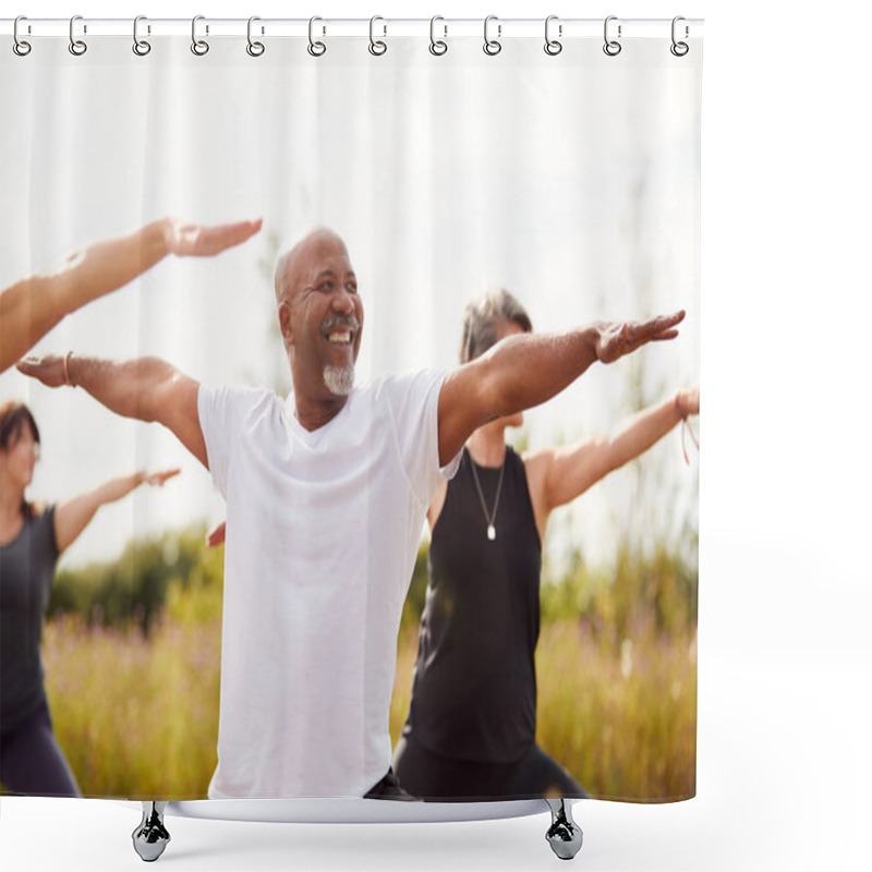 Personality  Group Of Mature Men And Women In Class At Outdoor Yoga Retreat Shower Curtains