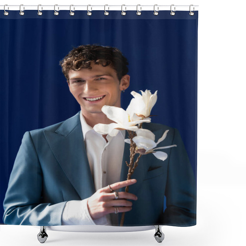 Personality  Positive Man In Elegant Outfit Holding Magnolia Branch Isolated On Navy Blue  Shower Curtains