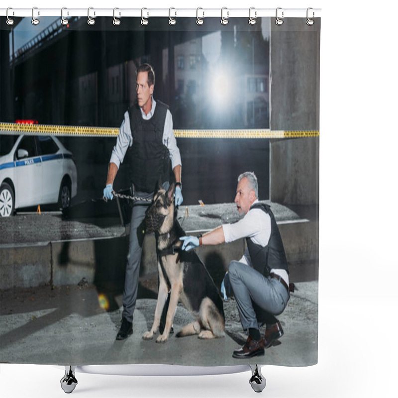 Personality  Middle Aged Policeman Pointing By Finger To Colleague With Dog On Leash Near Cross Line At Crime Scene  Shower Curtains