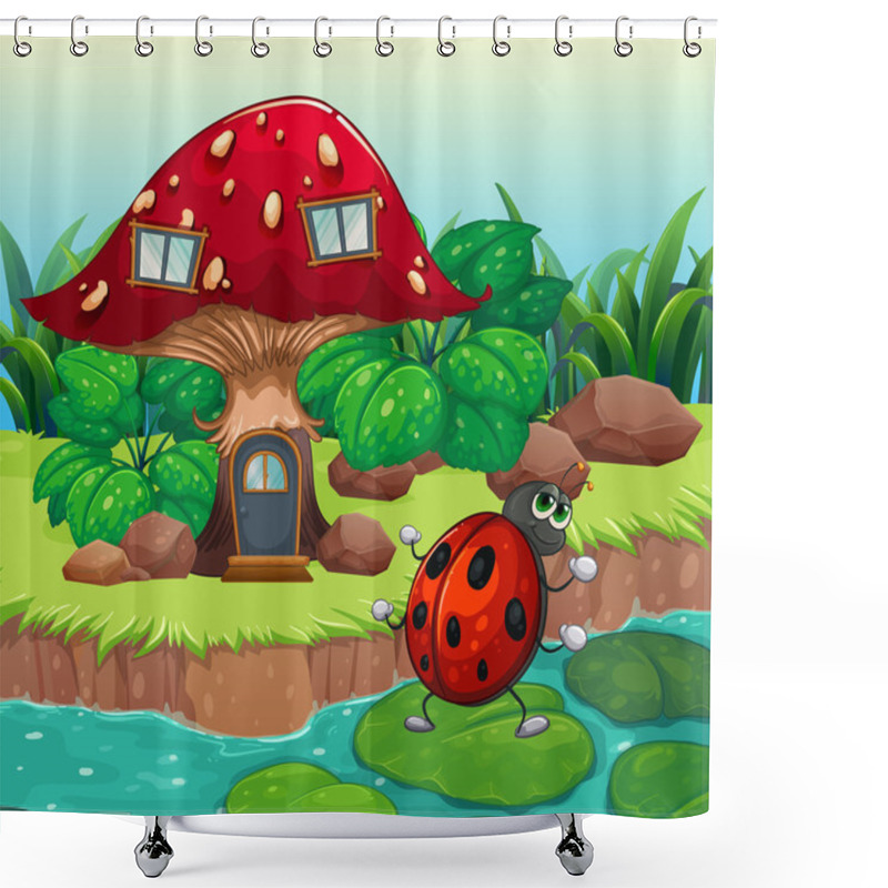 Personality  A Bug Dancing Near The Mushroom House Shower Curtains