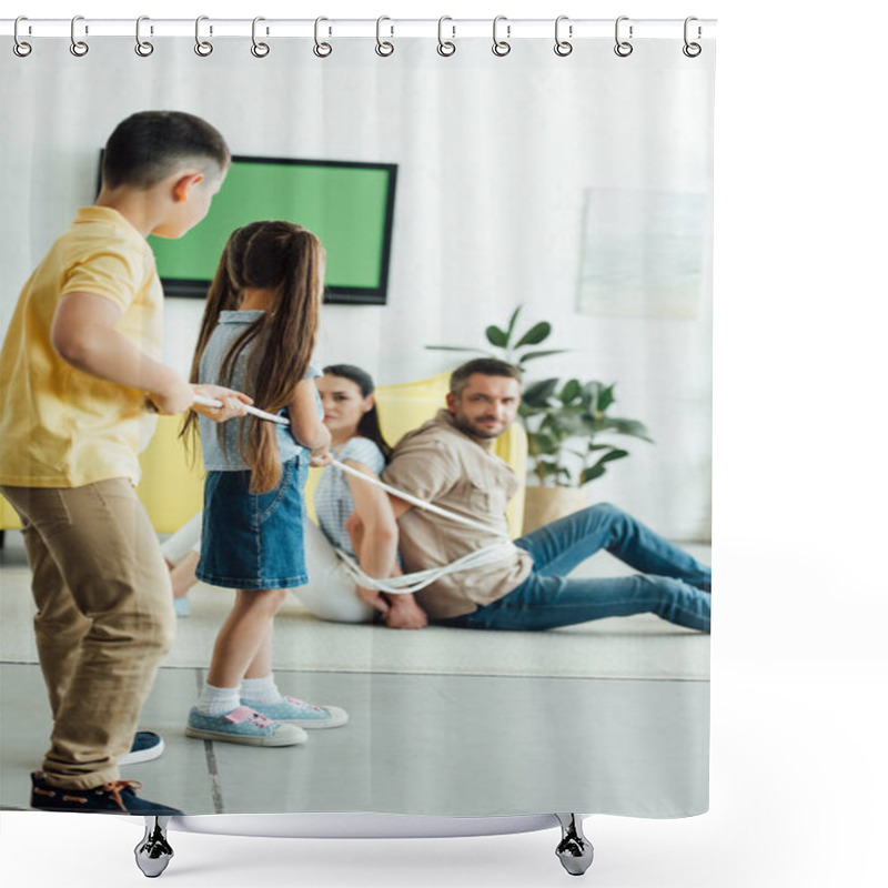 Personality  Kids Tying Parents With Rope On Floor At Home Shower Curtains