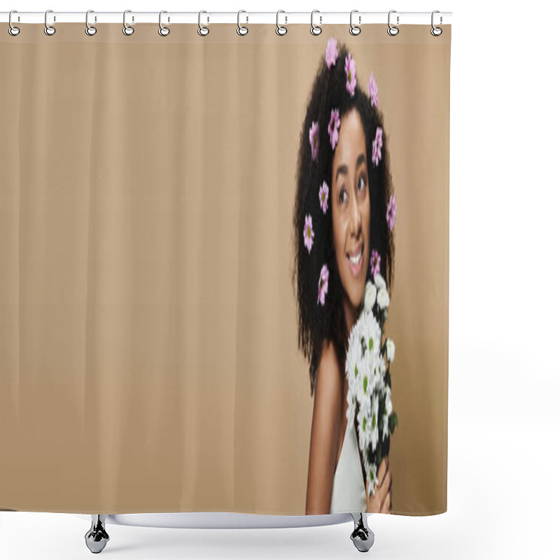 Personality  An African American Woman With Flowers In Her Hair Smiles Brightly Against A Beige Background. Shower Curtains