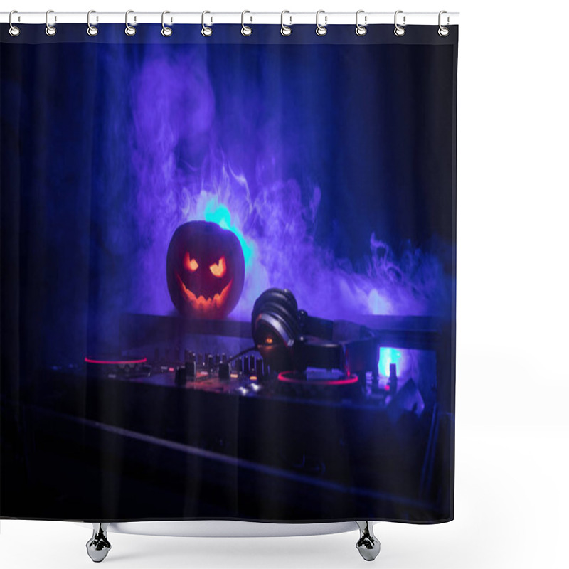 Personality  Halloween Pumpkin On A Dj Table With Headphones On Dark Background With Copy Space. Happy Halloween Festival Decorations And Music Concept. Empty Space. Selective Focus Shower Curtains