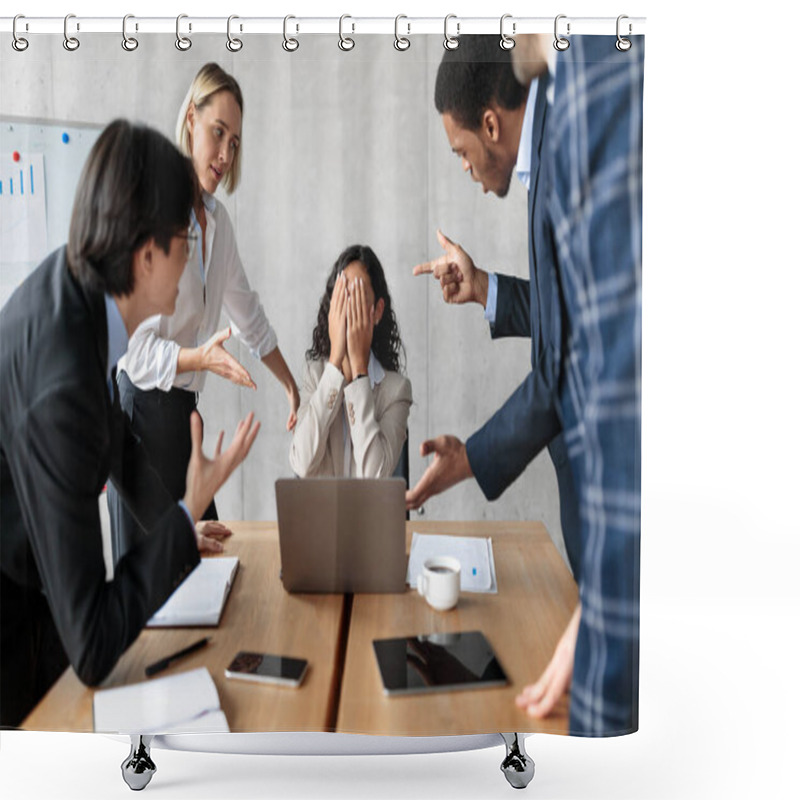 Personality  Unhappy Businesswoman Covering Face While Coworkers Shouting At Her Indoors Shower Curtains