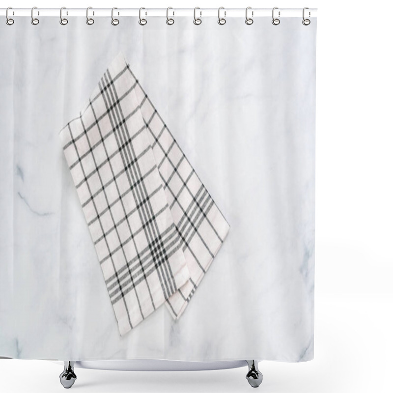 Personality  New Kitchen Towels With Simple Black Pattern Folded On Marble Counter. Shower Curtains