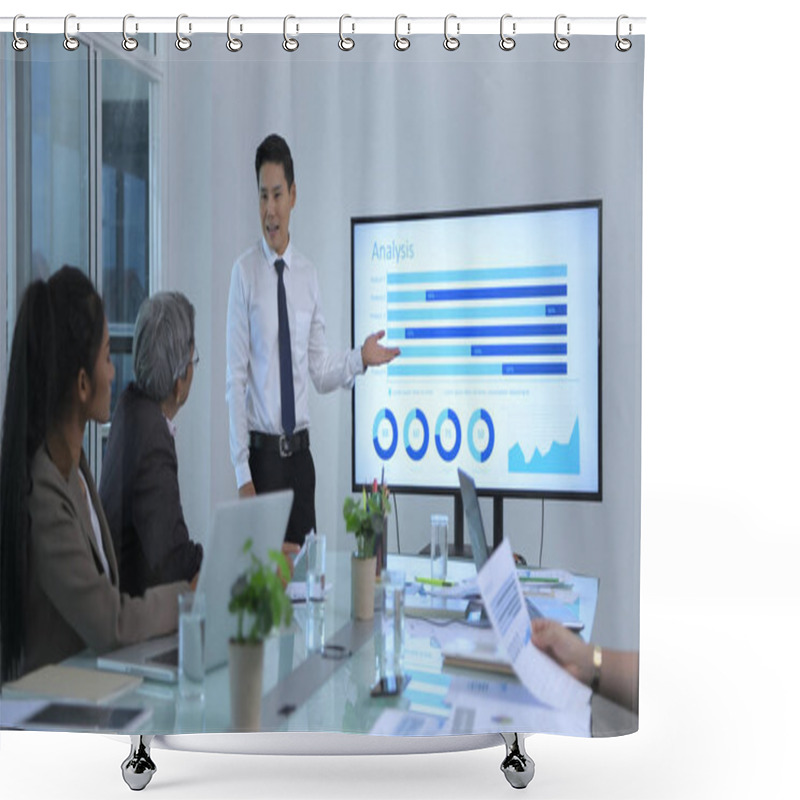 Personality  Business Concept. Young Men Presenting Results At The Meeting. 4 Shower Curtains