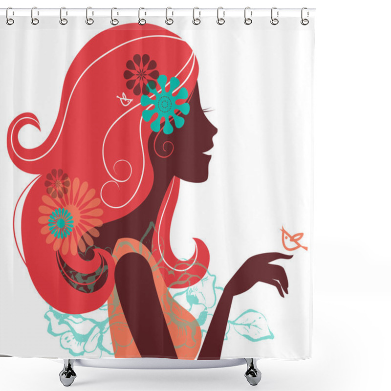 Personality  Beautiful Woman Silhouette With A Flowers Shower Curtains