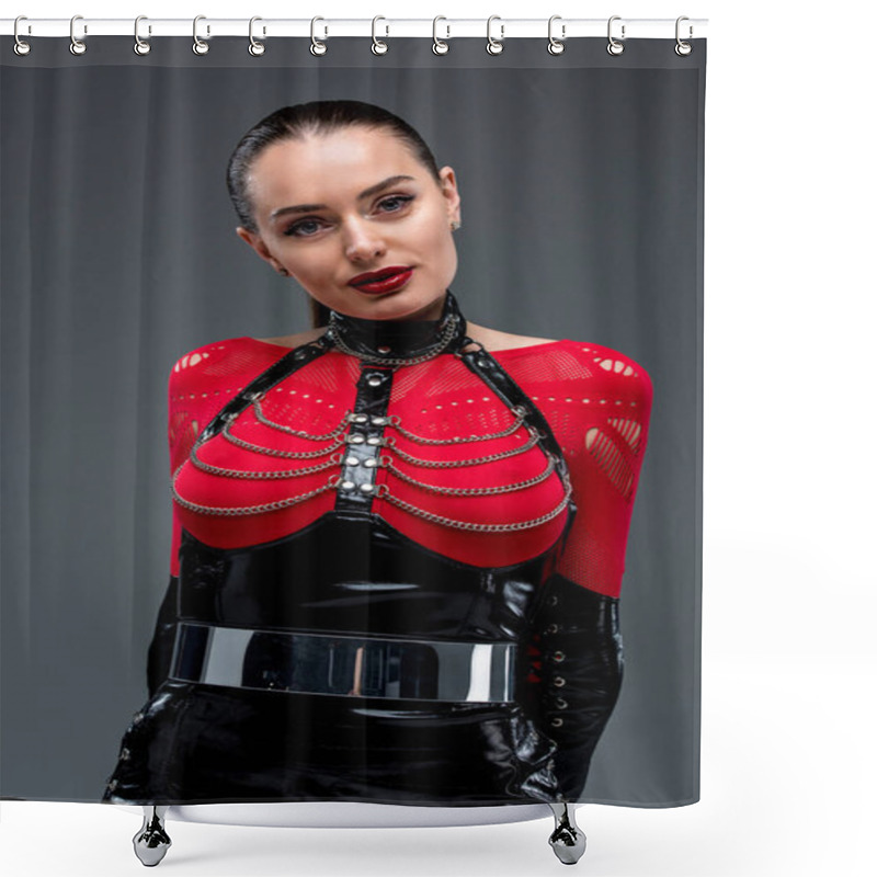 Personality  Seductive Young Woman In Leather Costume Isolated On Grey  Shower Curtains