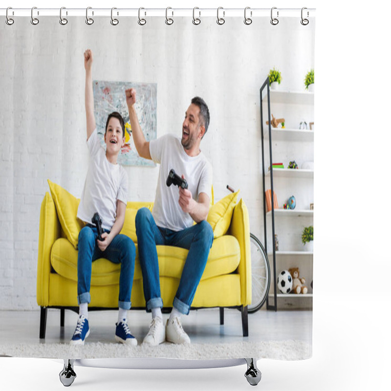 Personality  Father And Son Cheering While Playing Video Game On Couch At Home Shower Curtains