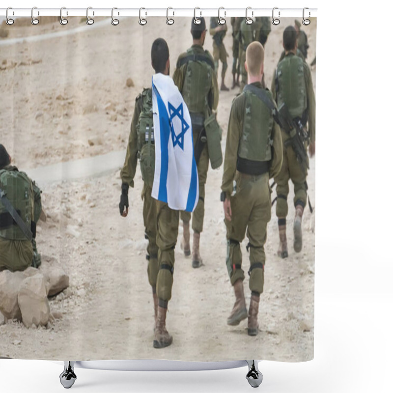 Personality  Back Shot Of Several Soldiers Of Israel Army Walking With Israel National Flag. Military Man Bearing Israel Flag On His Shoulder Walking With Other Soldiers. Military Games. War Tactical Exercise. Shower Curtains