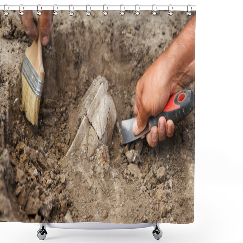 Personality  Archaeological Excavations, Archaeologists Work, Dig Up An Ancient Clay Artifact With Special Tools In Soil Shower Curtains