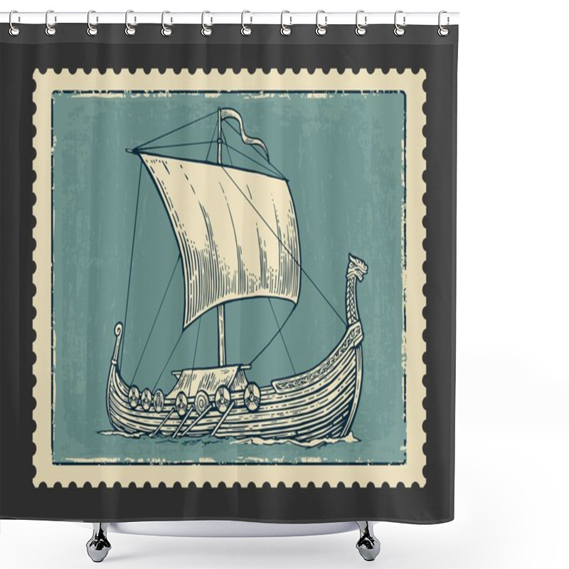 Personality  Drakkar Floating On The Sea Waves.  Hand Drawn Design Element Sailing Ship. Vintage Vector Engraving Illustration For Poster, Label, Postmark. Isolated On Dark Background. Shower Curtains