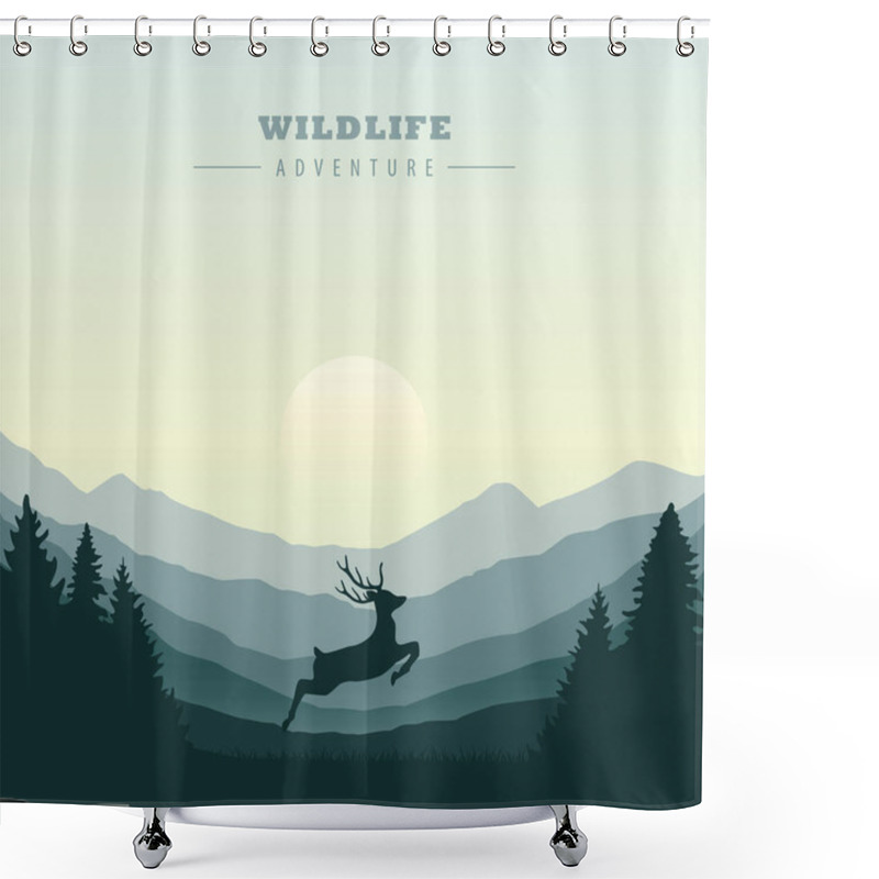 Personality  Jumping Deer In The Wilderness Green Mountain Landscape Shower Curtains