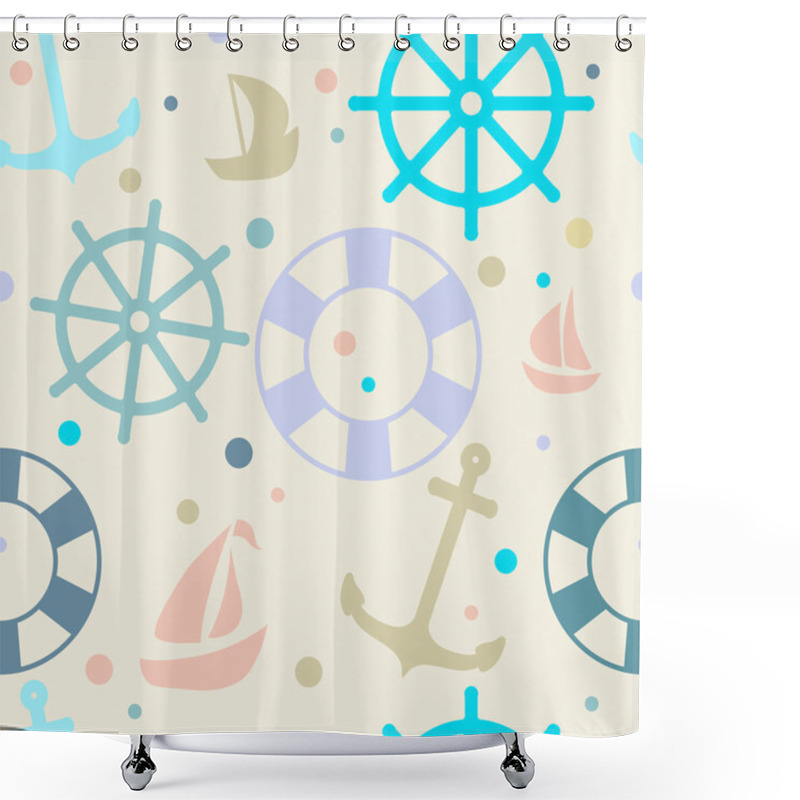 Personality  Seamless Pattern On The Theme Of The Sea. Wheel, Boat, Life Pres Shower Curtains