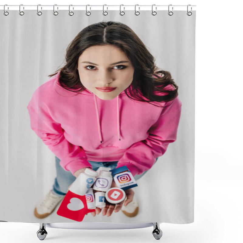 Personality  Overhead View Of Girl Holding Containers With Social Media Logos And Red Paper Cut Card With Heart Symbol Isolated On Grey Shower Curtains