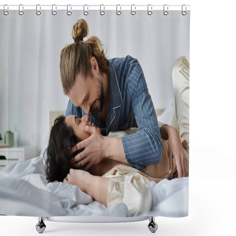 Personality  A Man And A Woman, Dressed In Pajamas, Lie In Bed Together, Sharing A Loving Embrace. Shower Curtains