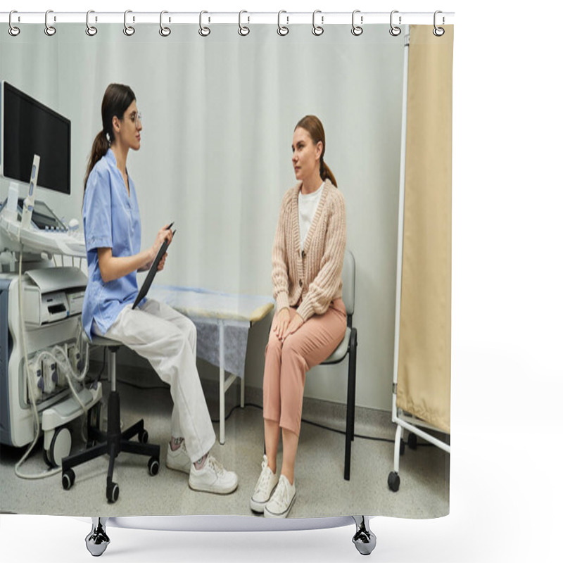 Personality  A Gynecologist In A Lab Coat Discusses Health Matters With A Female Patient In A Clinical Setting. Shower Curtains