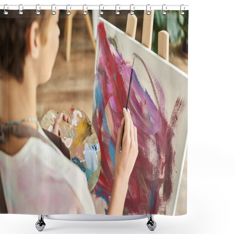 Personality  A Young Woman In A Relaxed Setting Focuses On Painting With Vibrant Colors At Home, Expressing Her Creativity. Shower Curtains