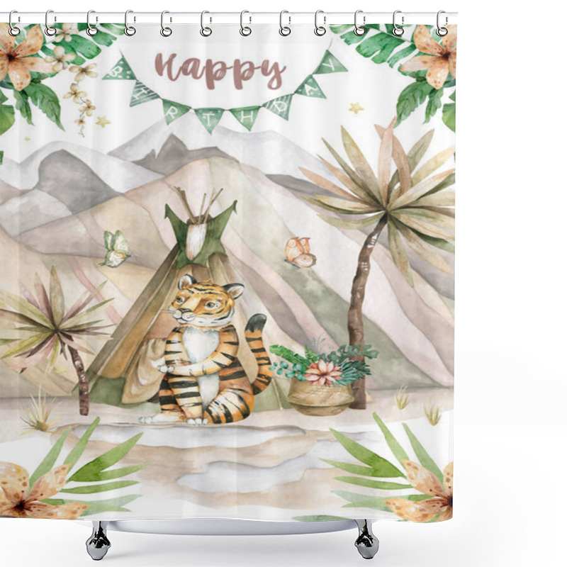 Personality  Cute Baby Tiger With Tasty Cake Animal Isolated Illustration For Children. Bohemian Watercolor Boho Forest Deer Family Watercolor Drawing Perfect For Nursery Posters. Birthday Invite Shower Curtains