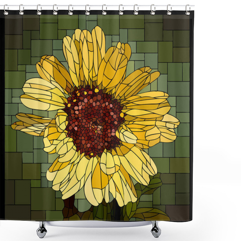 Personality  Vector Square Mosaic With Blooming Yellow Chrysanthemum Flower In Stained Glass Window. Shower Curtains