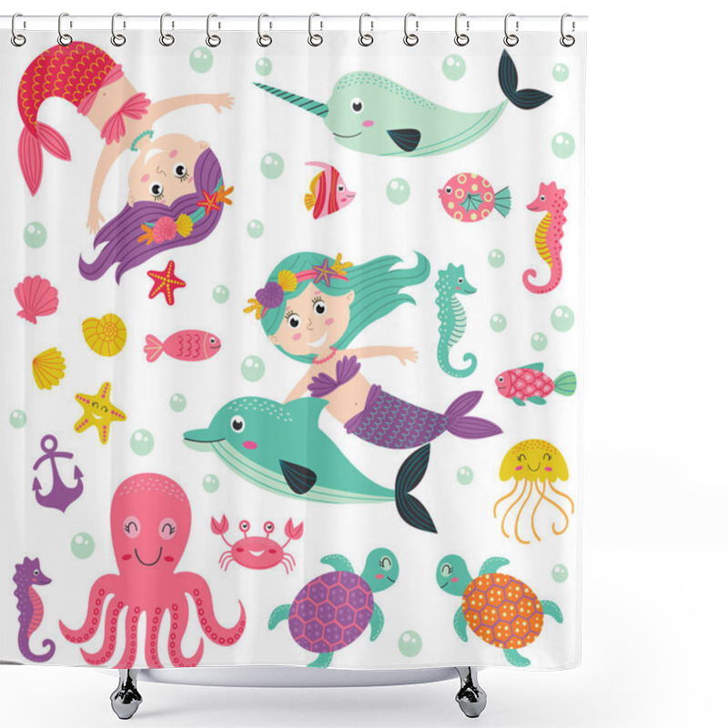 Personality  Set Of Isolated Mermaid With Marine Animals Shower Curtains